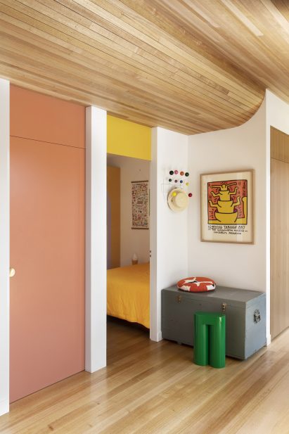 The home has wooden floors and ceilings