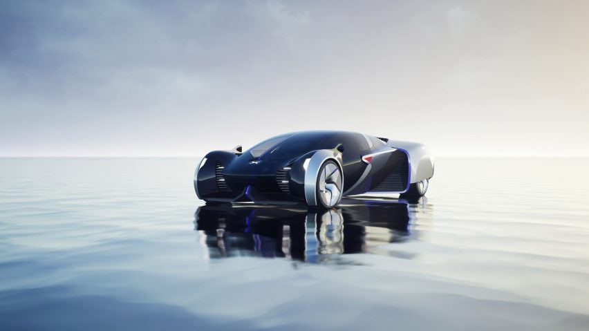 Rendering of the Xpeng flying car with its rotors retracted in car mode