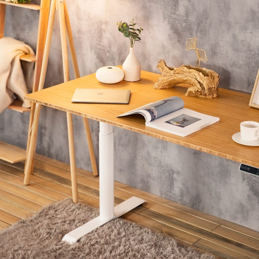 A photograph of a bamboo desk