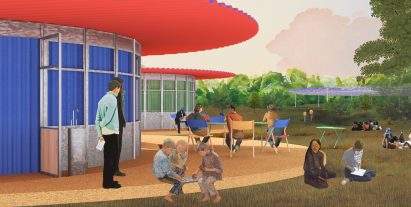 A colourful visualisation of educational pavilions where children can learn