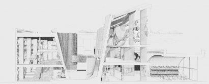A grey and black visualisation of a space called Material(C)ity