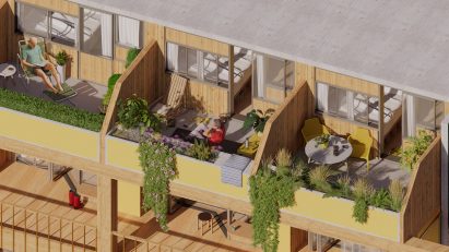 A visualisation of the everyday estate: a wooden structure with a man reading a book on the balcony
