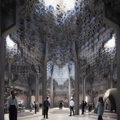 A visualisation of a building with a geometric ceiling