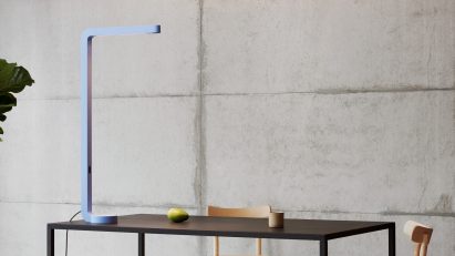 A photograph of the Team Home lamp in light blue