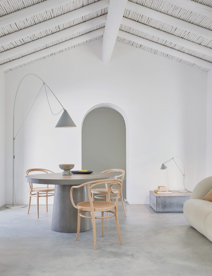 Ayno light in Silk Grey looming over a breakfast table
