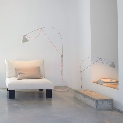 Ayno light in Silk Grey looming over a breakfast table