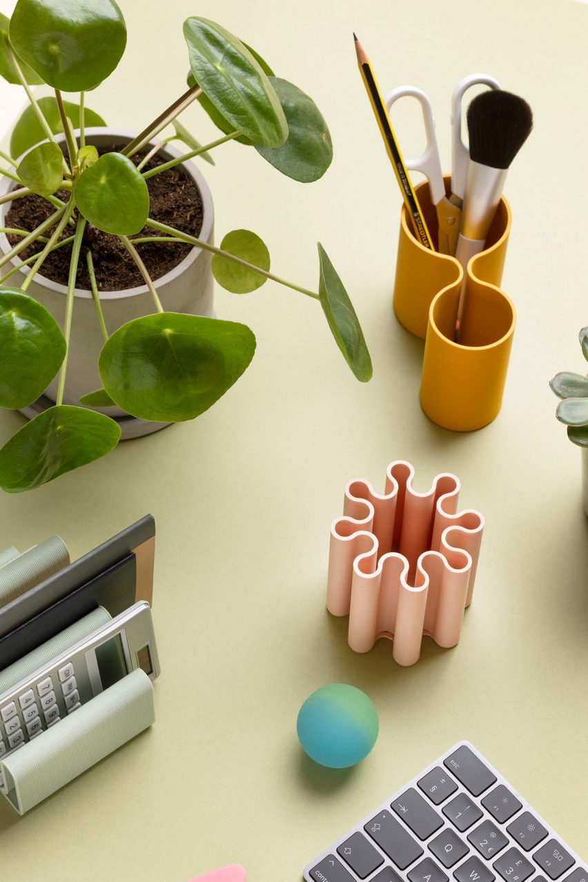Pink and yellow bFRIEND desk accessories