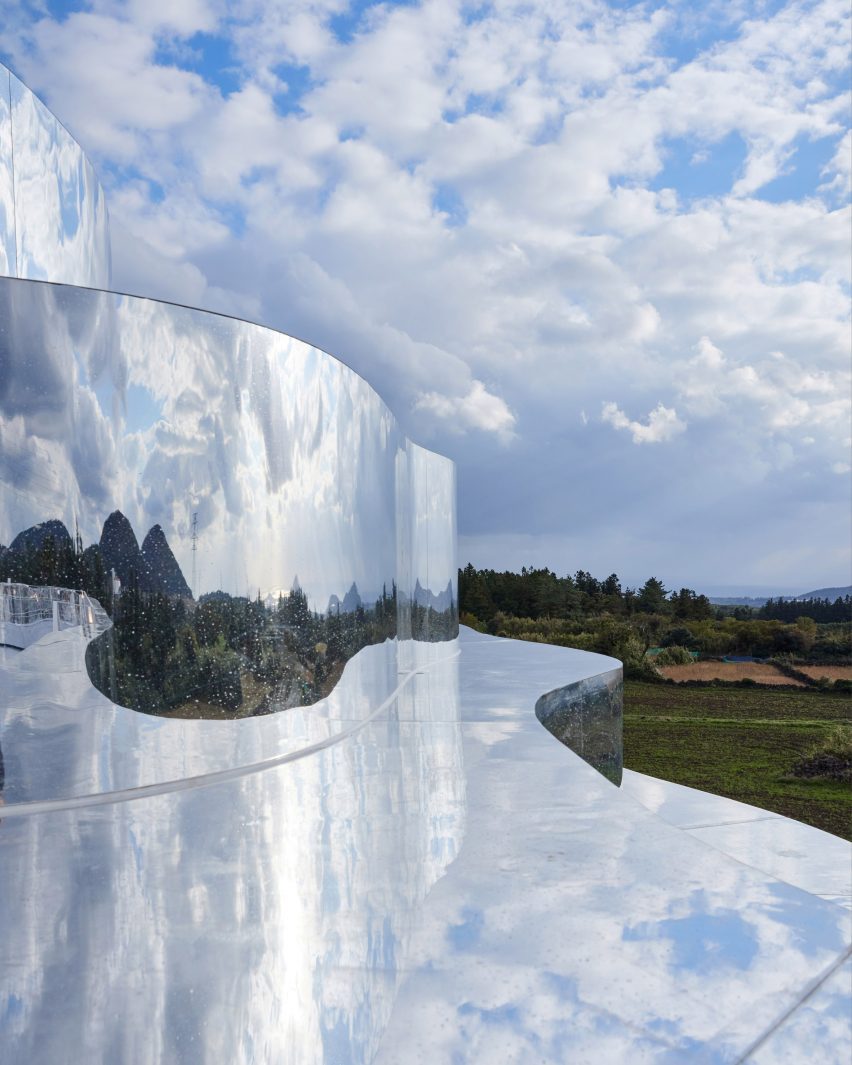 A mirrored building reflecting cloudy sky