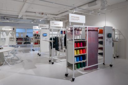 Yarn samples in Window of Textile Opportunity showroom by Byborre