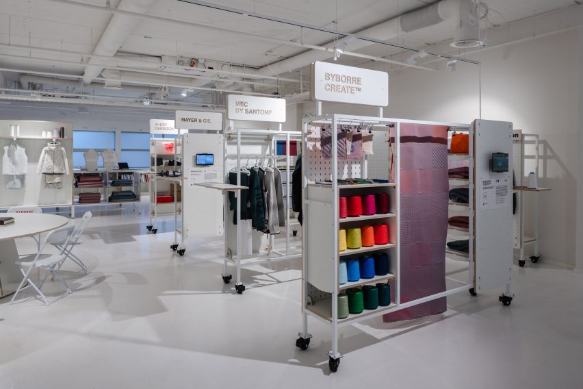 Yarn samples in Window of Textile Opportunity showroom by Byborre