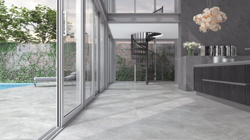 Calcaria porcelain tiles used in a residential interior as well as the flooring of an outdoor swimming pool