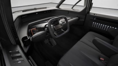 Interior of the Canoo Pickup truck with transparent dashboard