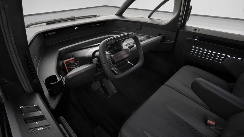 Interior of the Canoo Pickup truck with transparent dashboard