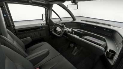 Wide-angle view through the windshield of the Canoo Pickup truck