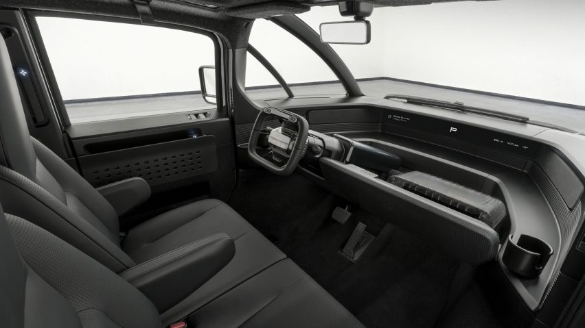Wide-angle view through the windshield of the Canoo Pickup truck