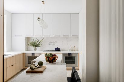 A minimalist kitchen and dining table