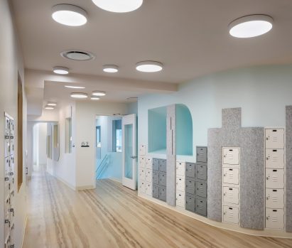 Lockers shaped like city skyline