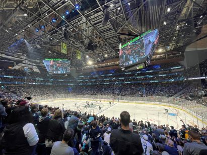 Interior view of the events space at Climate Pledge Arena in use 