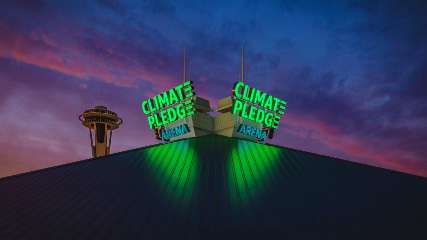 The roof of the arena has a neon sign