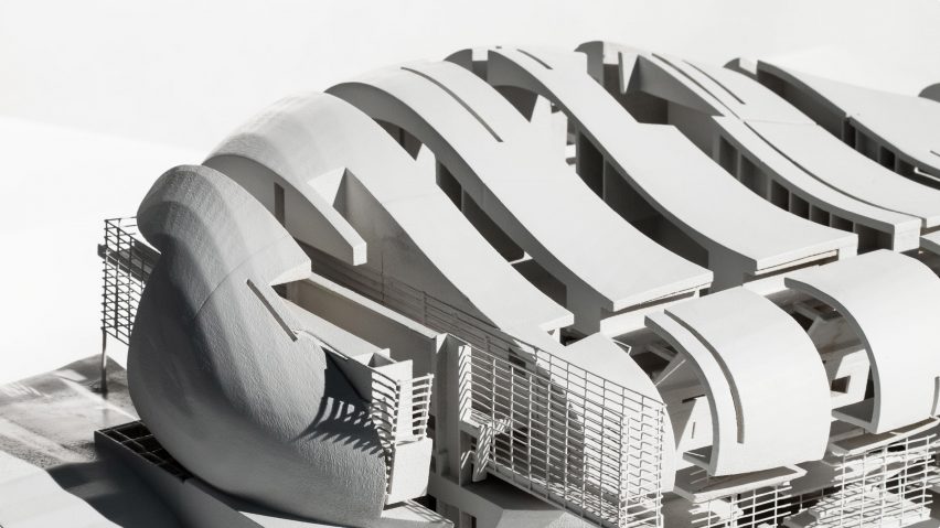 Black and white image of an architectural model