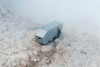 Aerial view of Bivouac Fanton cabin in Italy 