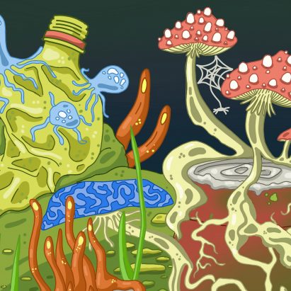 An illustration of rubbish and mushrooms