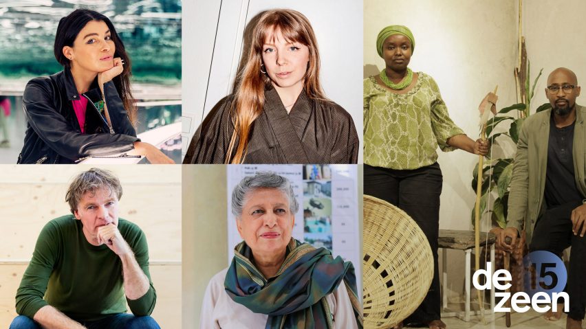 Portraits of Dezeen 15 Es Devlin, Winy Maas, Amber Jae Slooten, Yasmeen Lari and Cave Bureau for Dezeen 15 festival