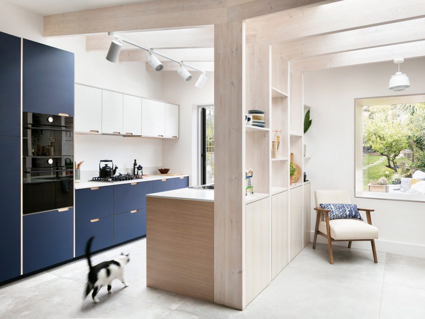 Kitchen with timber shelving