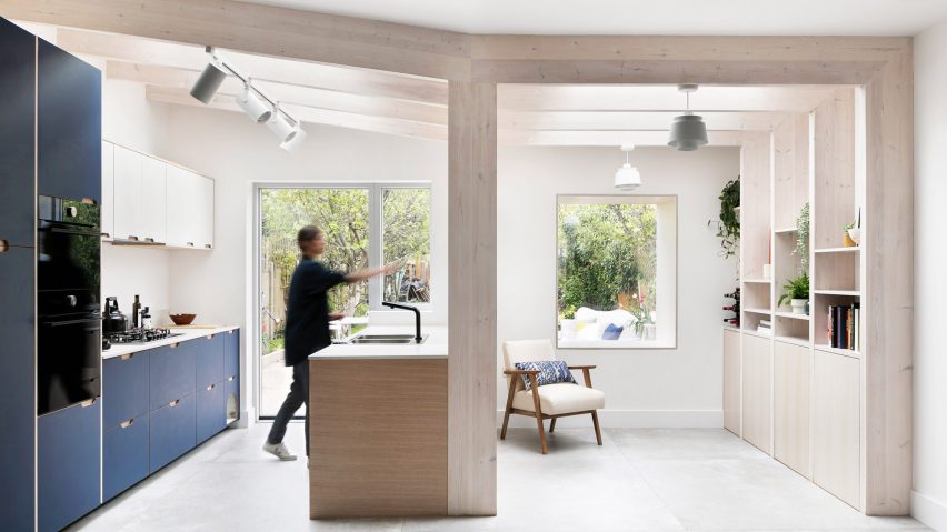 Kitchen with exposed timber frame