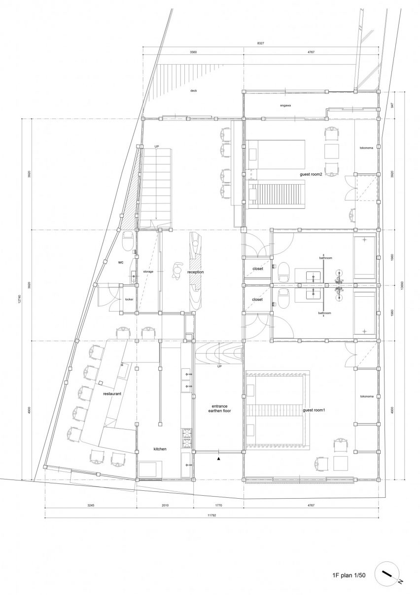 Ground floor plan at Hishiya restaurant and guesthouse by Fumihiko Sano Studio in Kyoto