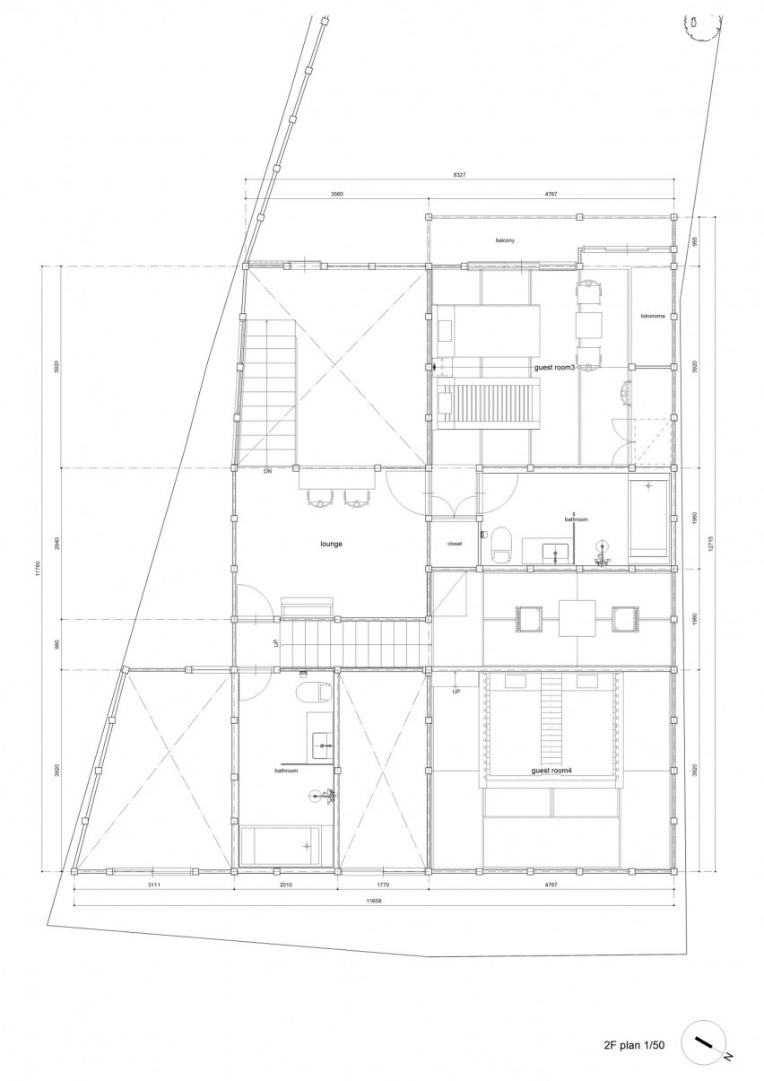 First floor plan at Hishiya restaurant and guesthouse by Fumihiko Sano Studio in Kyoto