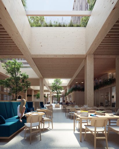 Interior render at Marmormolen with wooden interiors