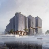The building has a cubed stepped design