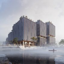 The building has a cubed stepped design