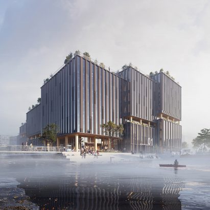The building has a cubed stepped design