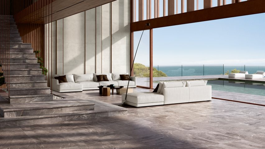 Exagres' Imperial porcelain tiles used as flooring and for stairs in a contemporary residential interior and poolside terrace