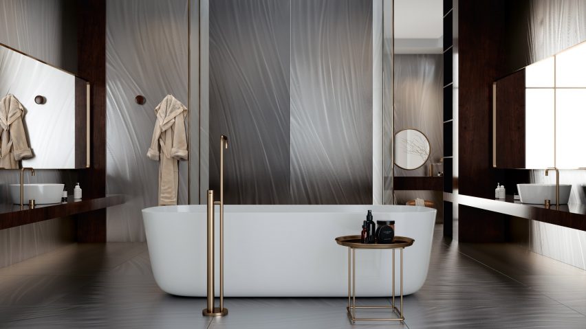 Luce tiles in silver and grey used on the walls of a bathroom interior