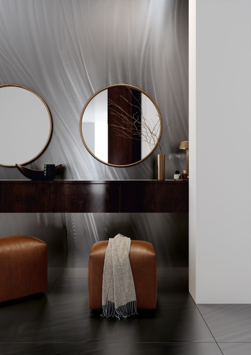 Luce tiles in silver used on the wall of a dressing room