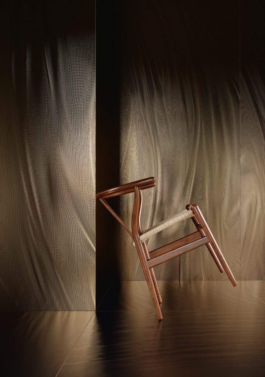 Luce tiles in gold used as wall coverings with a wooden chair placed in the room