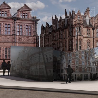 Street scene with reflective installation and figures