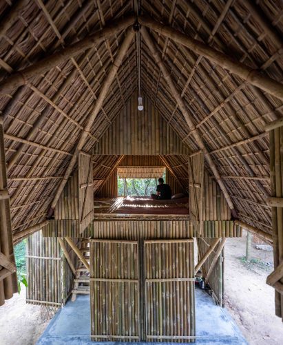 Bamboo hut raised off the ground at a Rohingya refugee camp in Bangladesh