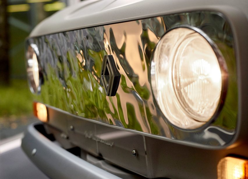 Front grill of Mathiee Lehanneur's Suite No.4 Renault car with sculpted aluminium in waves and round headlights