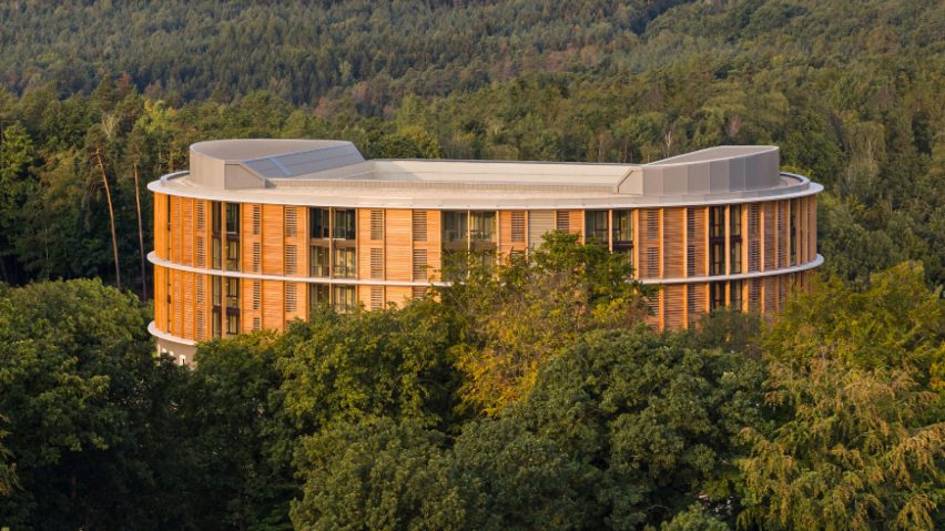 Image of the hospital from within the treeline