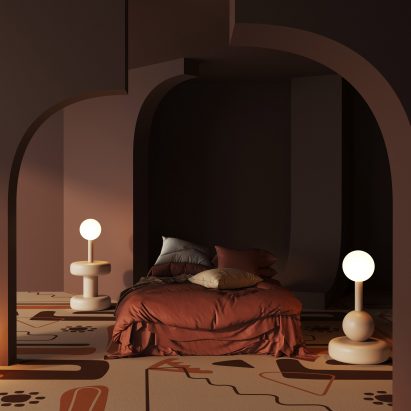 Talk Carpet's warm-coloured Moche Artisan Carpet used in a bedroom with low lighting
