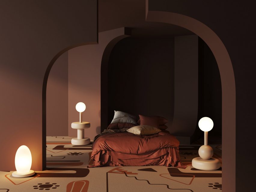Talk Carpet's warm-coloured Moche Artisan Carpet used in a bedroom with low lighting