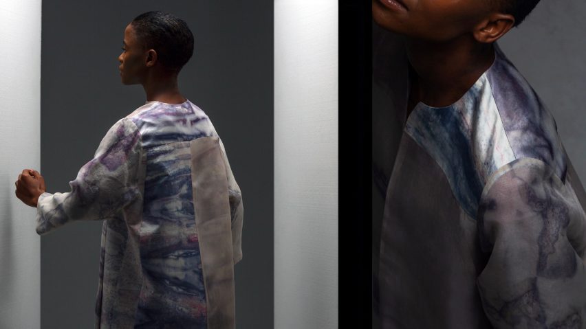 A diptych photo of a woman in a purple and white kimono