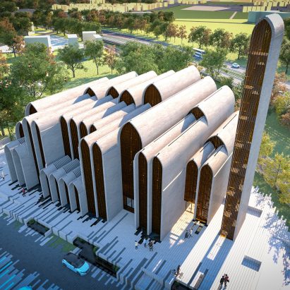 The mosque has a large minaret tower
