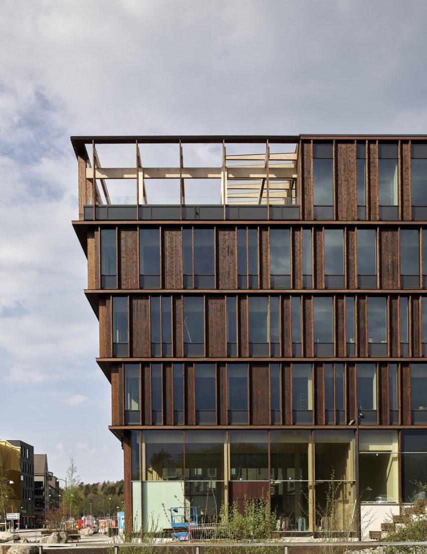 Side view of Nodi wooden office building by White Arkitekter