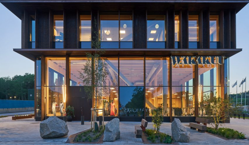 Entrance to Nodi wooden office building by White Arkitekter