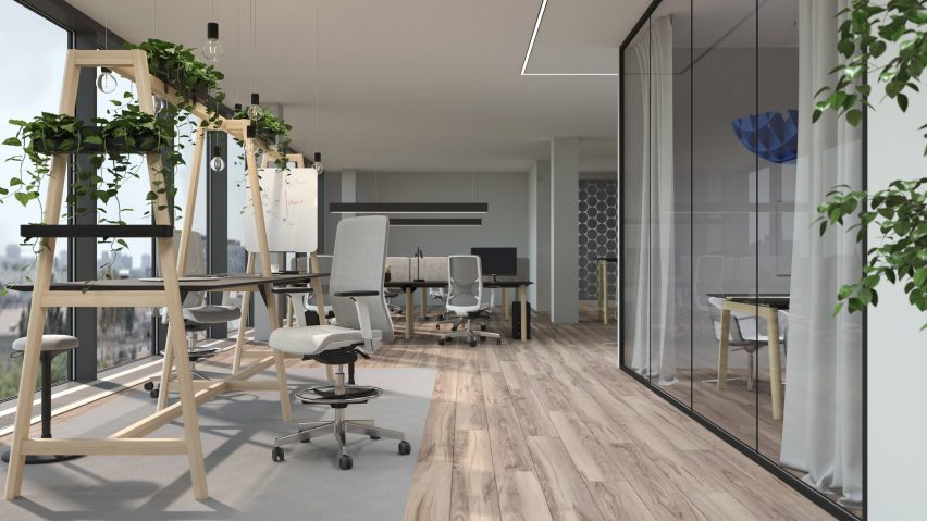 Narbutas desk with high A frame and planting in a modern office